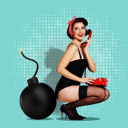 Pin-up style poster with beautiful woman talking on red vintage telephone near bomb on turquoise background