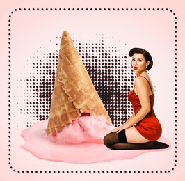 Image of Pin-up style poster with beautiful woman sitting near big melted ice cream on pink beige background