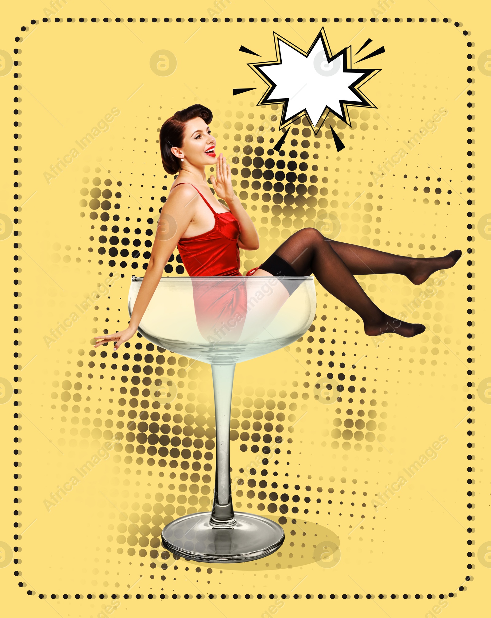 Image of Pin-up style poster with beautiful woman in cocktail glass on yellow background