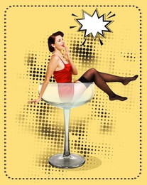 Pin-up style poster with beautiful woman in cocktail glass on yellow background