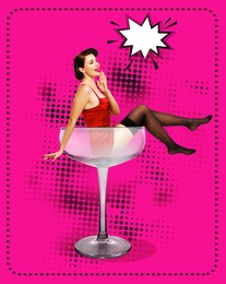 Image of Pin-up style poster with beautiful woman in cocktail glass on bright pink background