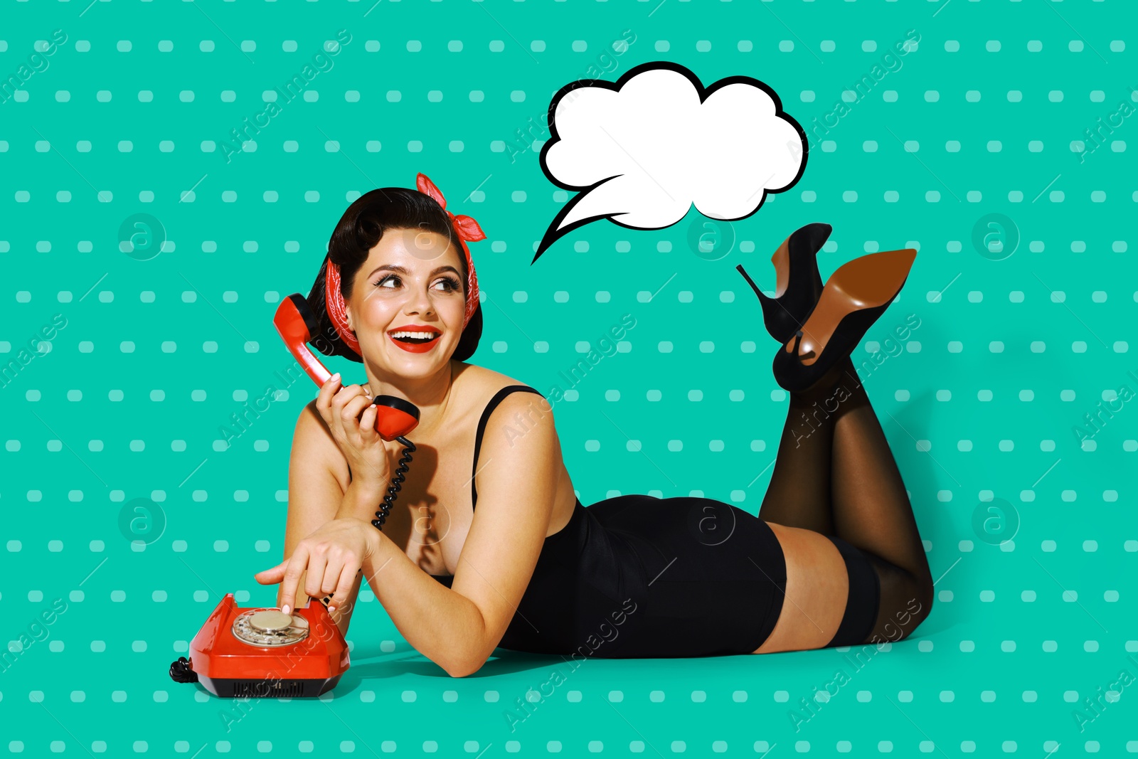 Image of Pin-up woman talking on red vintage telephone on dotted turquoise background, thought bubble near her. Stylish poster