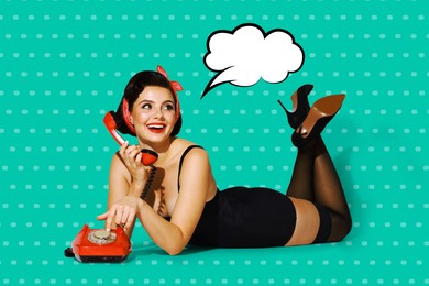 Image of Pin-up woman talking on red vintage telephone on dotted turquoise background, thought bubble near her. Stylish poster