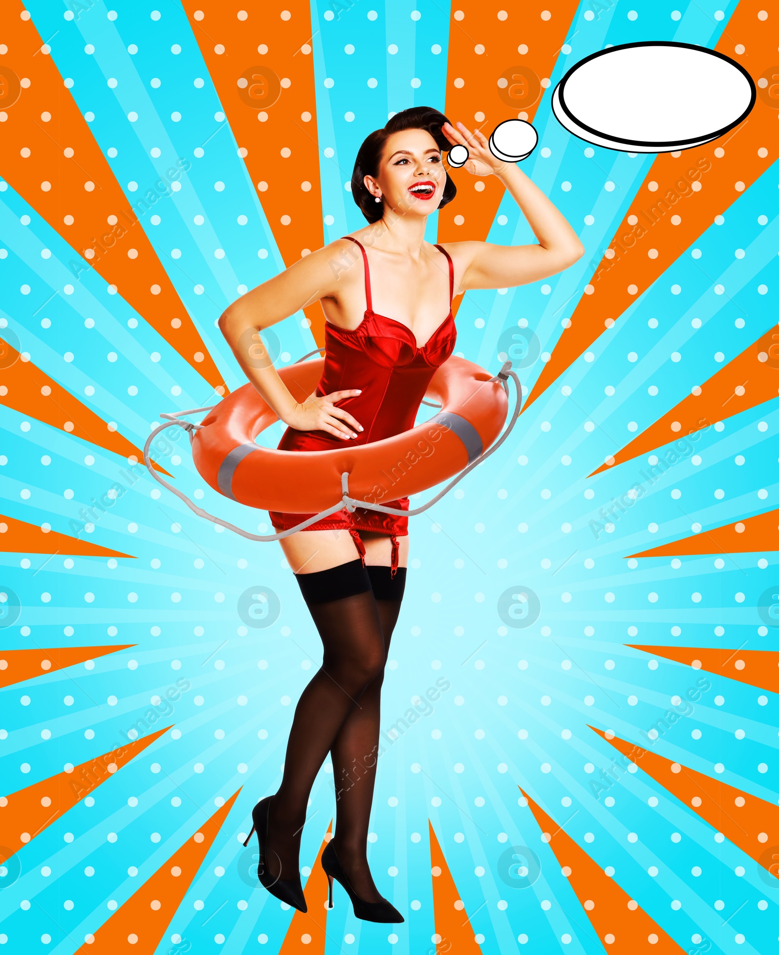 Image of Pin-up woman with lifebuoy on striped background, thought bubble near her. Stylish poster