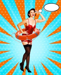 Pin-up woman with lifebuoy on striped background, thought bubble near her. Stylish poster