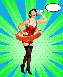 Pin-up woman with lifebuoy on striped background. Stylish poster