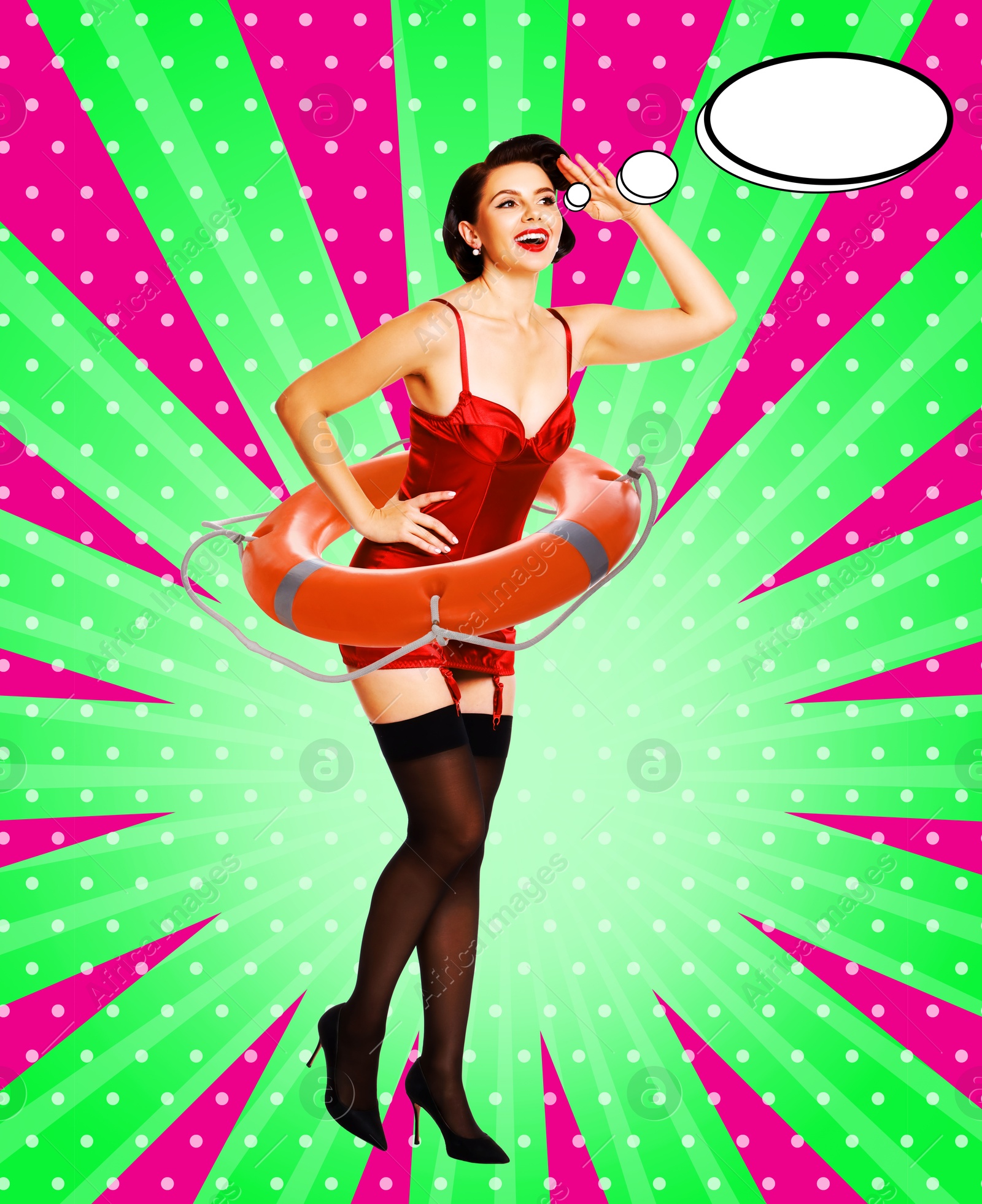 Image of Pin-up woman with lifebuoy on striped background. Stylish poster