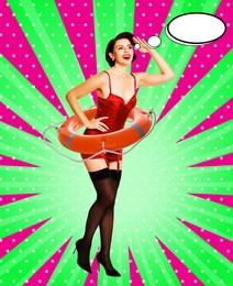 Pin-up woman with lifebuoy on striped background. Stylish poster