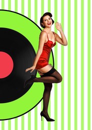 Image of Pin-up style poster with beautiful woman near vinyl record on striped background