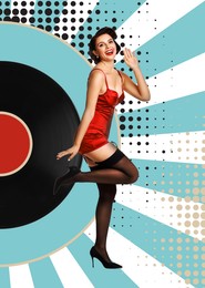 Image of Pin-up style poster with beautiful woman near vinyl record on striped background