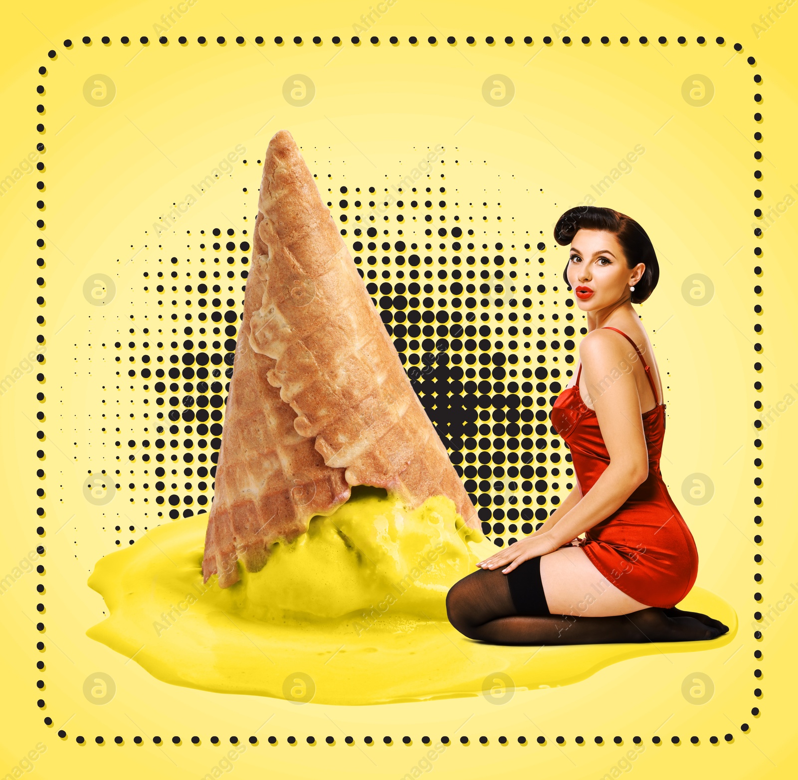 Image of Pin-up style poster with beautiful woman sitting near big melted ice cream on yellow background