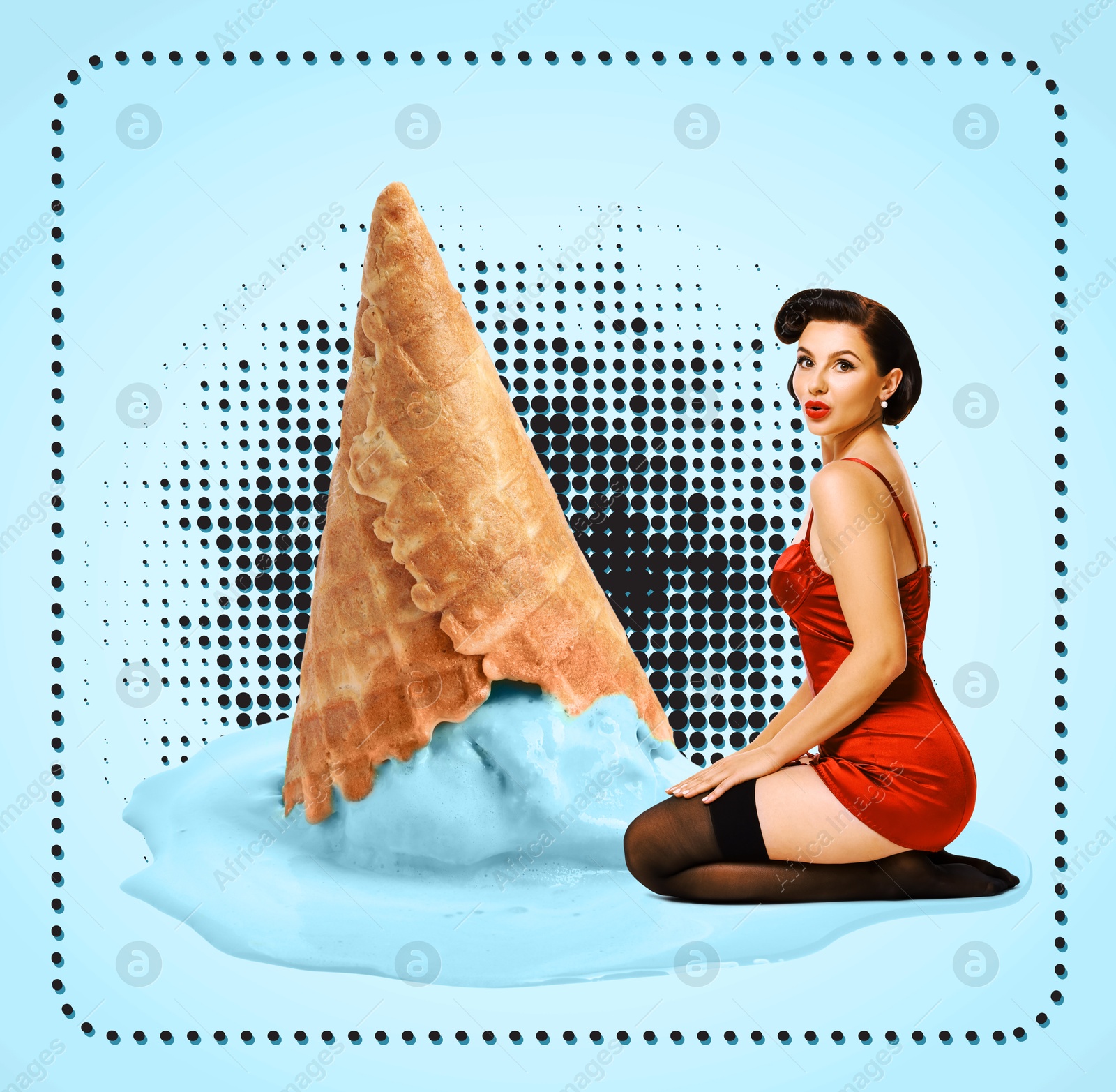 Image of Pin-up style poster with beautiful woman sitting near big melted ice cream on light blue background