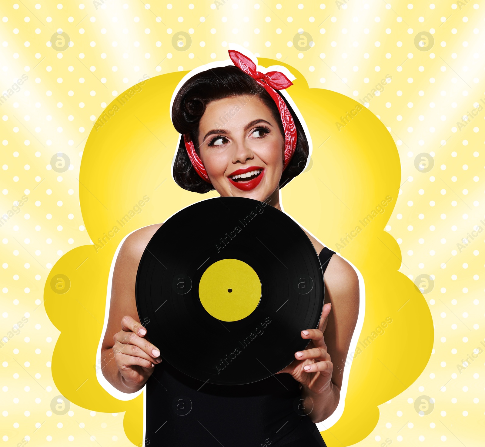 Image of Pin-up woman holding vinyl record on color background. Stylish poster