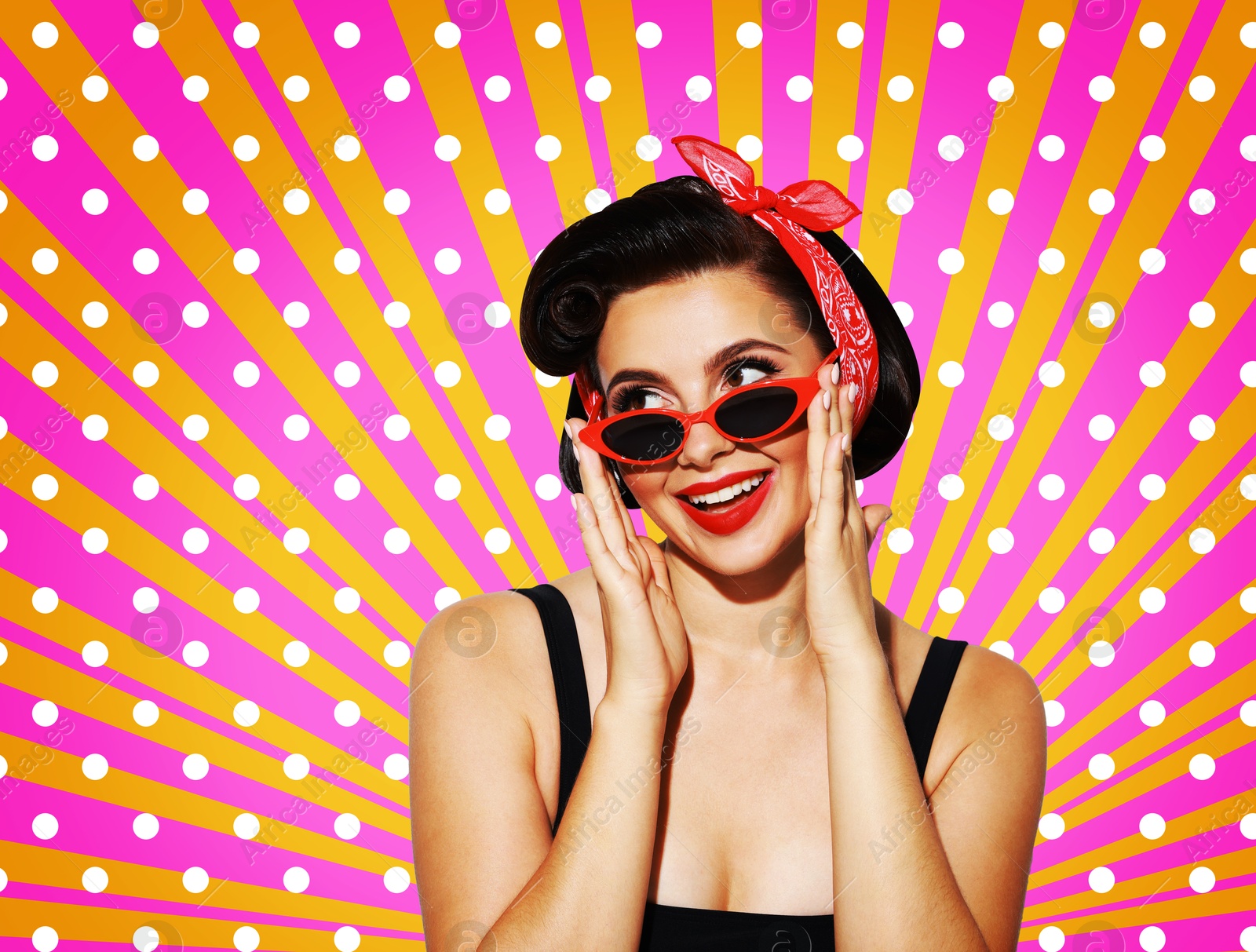 Image of Pin-up style poster with beautiful woman in red sunglasses on dotted color background