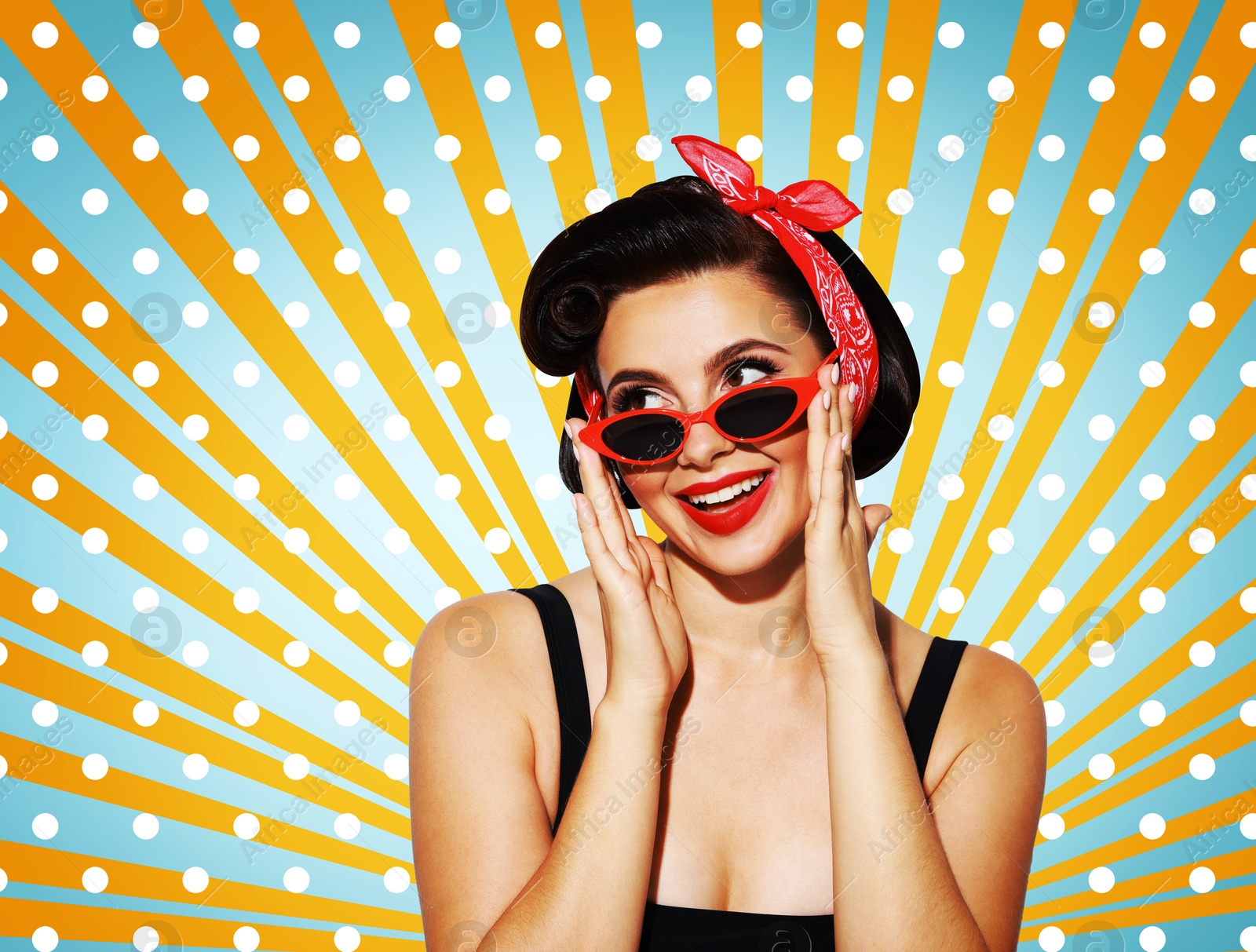 Image of Pin-up style poster with beautiful woman in red sunglasses on dotted color background