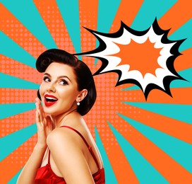 Image of Pin-up woman on striped background, speech bubble near her. Stylish poster