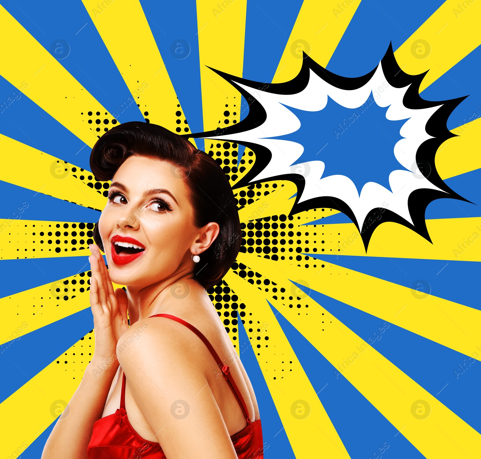 Image of Pin-up woman on striped background, speech bubble near her. Stylish poster