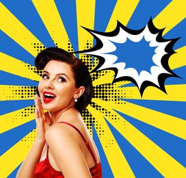 Pin-up woman on striped background, speech bubble near her. Stylish poster