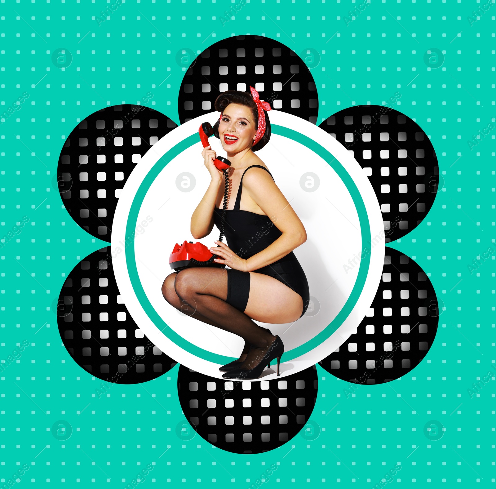 Image of Pin-up style poster with beautiful woman talking on red vintage telephone on color background