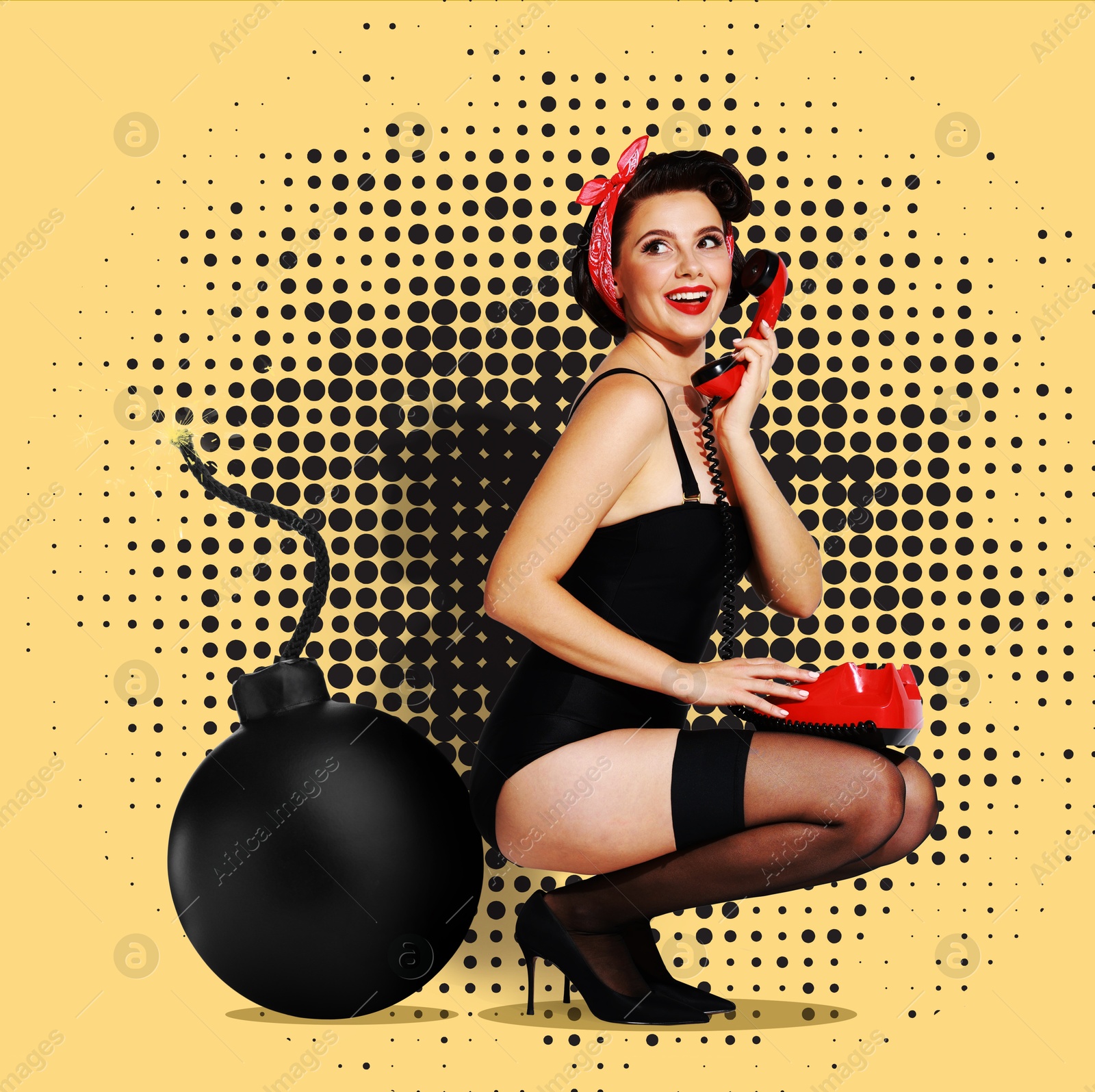 Image of Pin-up style poster with beautiful woman talking on red vintage telephone near bomb on yellow background