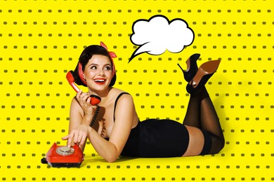 Image of Pin-up woman talking on red vintage telephone on dotted yellow background, thought bubble near her. Stylish poster