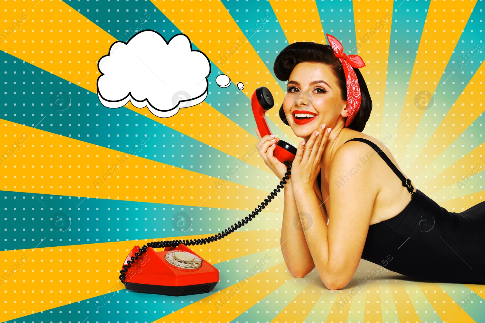 Image of Pin-up woman talking on red vintage telephone on striped background, thought bubble near her. Stylish poster