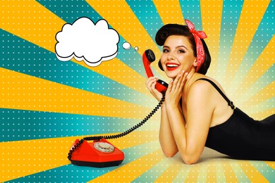 Pin-up woman talking on red vintage telephone on striped background, thought bubble near her. Stylish poster