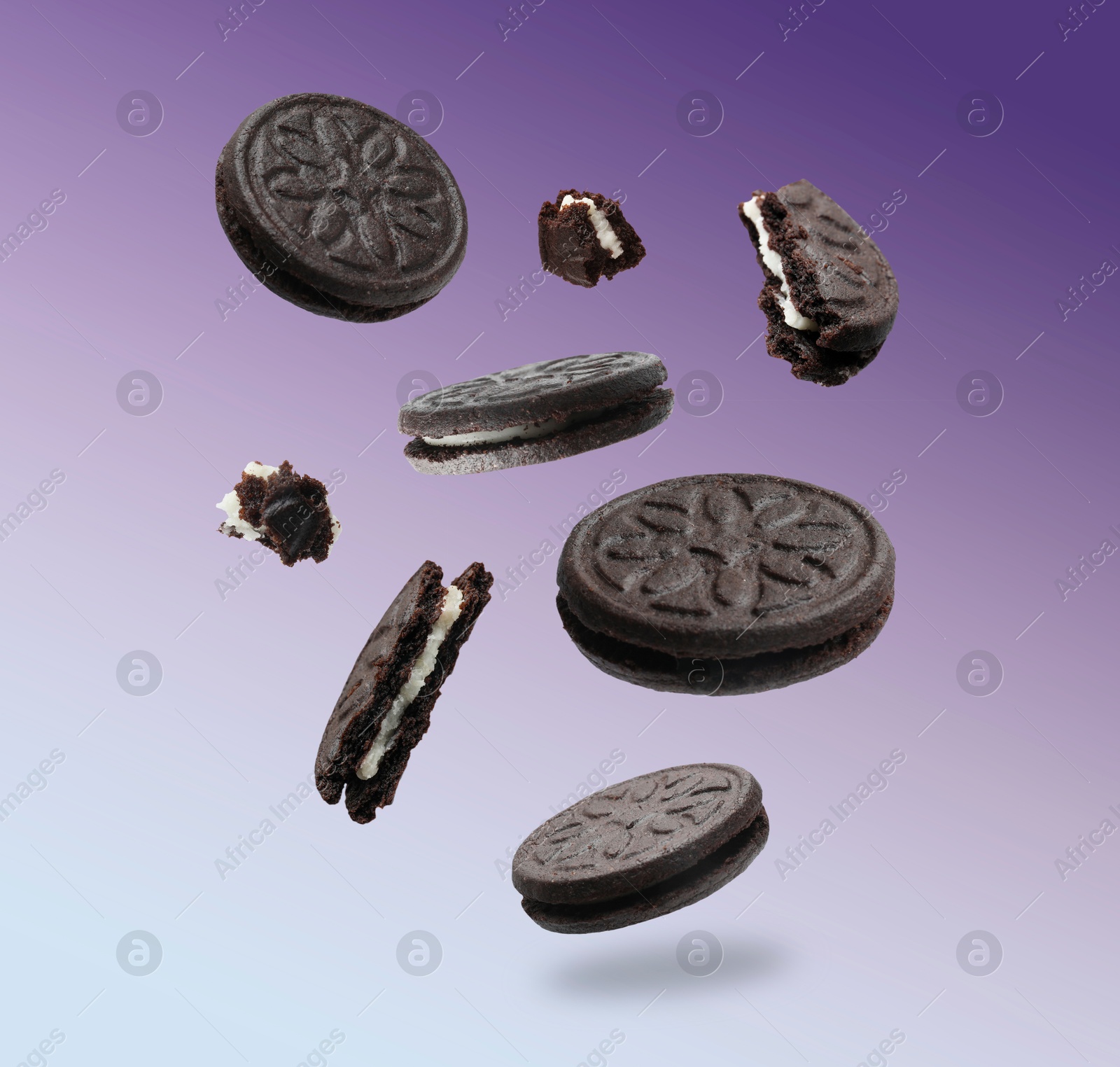 Image of Tasty broken sandwich cookies in air on purple gradient background