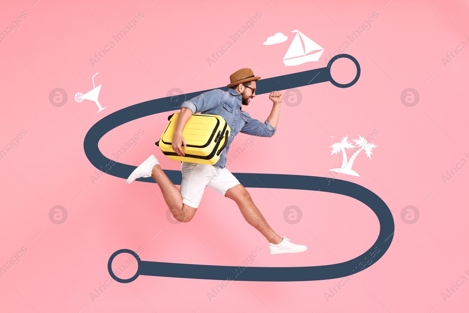 Image of Traveler with suitcase jumping against route of journey on pink background. Illustrations along line of way