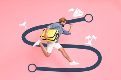 Traveler with suitcase jumping against route of journey on pink background. Illustrations along line of way