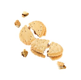 Image of Tasty broken sandwich cookies in air on white background