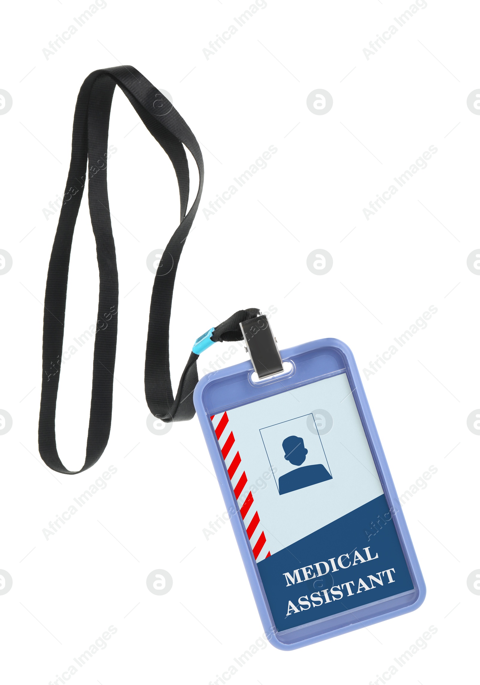 Image of Medical assistant badge with string on white background