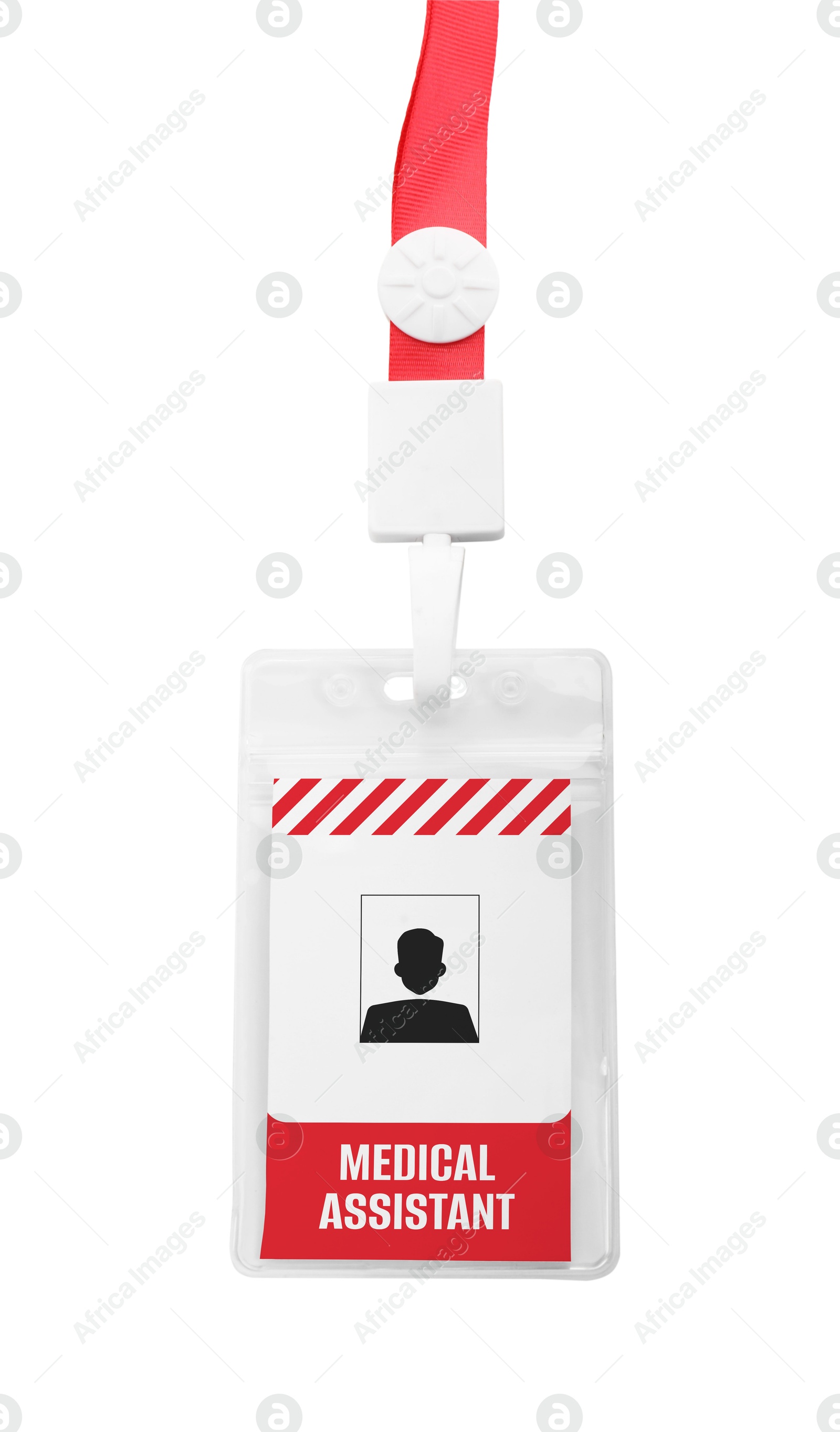 Image of Medical assistant badge with string on white background