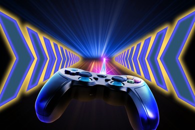 Image of Game controller emitting laser in space with speed light trails, motion blur effect. Glowing arrows showing direction. Playing video game