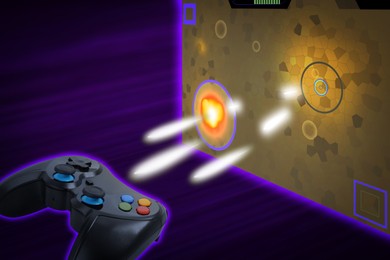 Image of Game controller shooting with laser at cyber display with video game. Dark purple background with motion blur effect