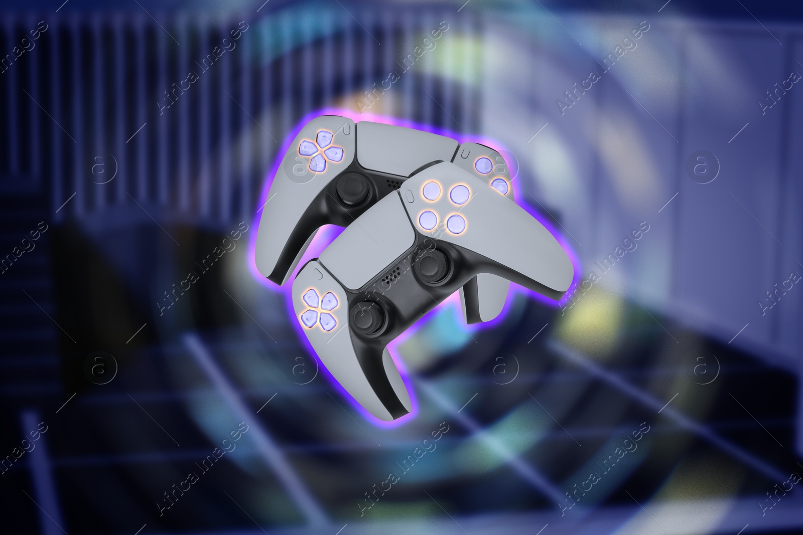 Image of Glowing game controllers, motion blur effect. Playing video game