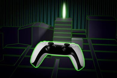 Glowing video game controller in cyber space of game