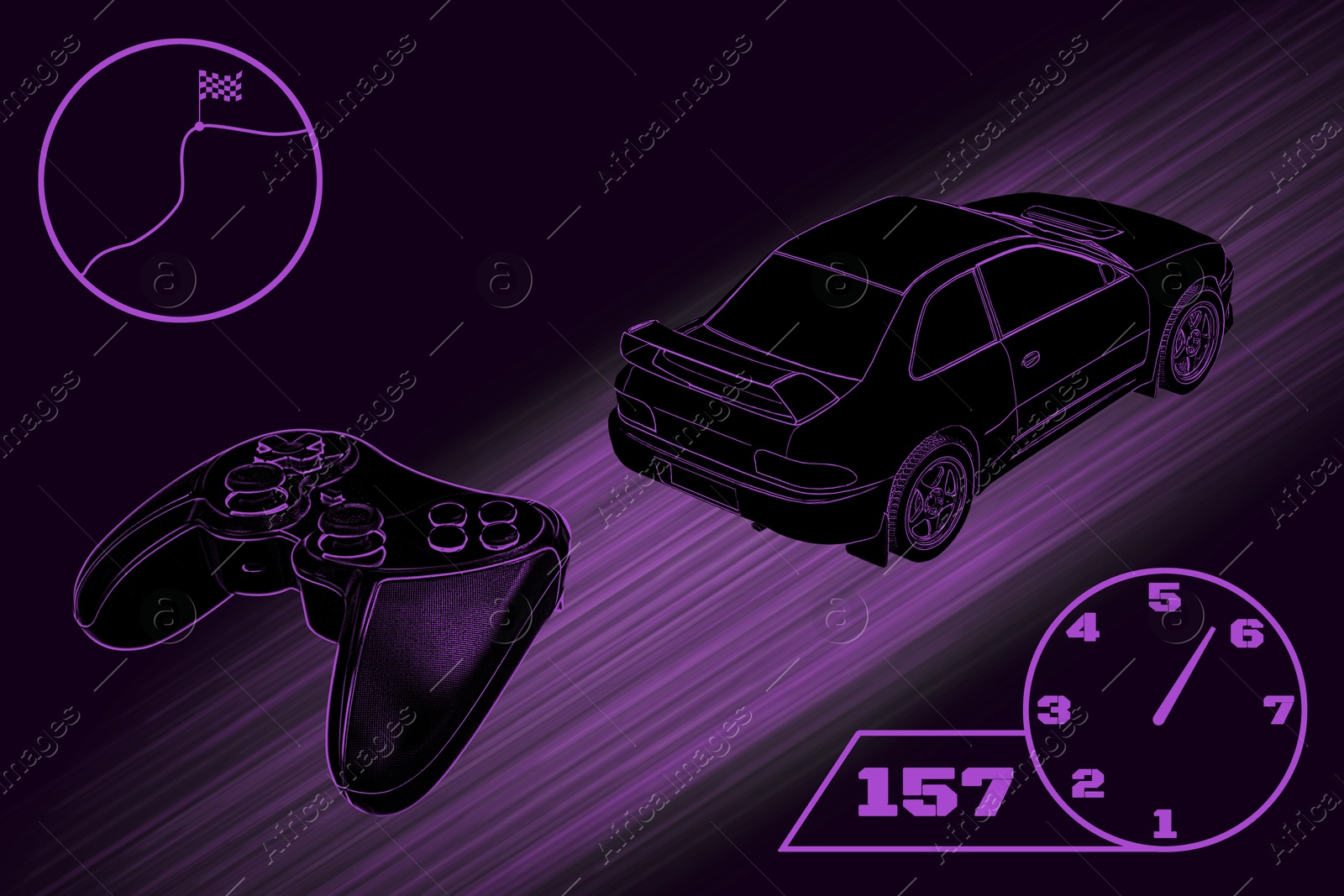 Image of Video game controller, car, speed, tachometer and finishing point, illustration. Playing racing simulation