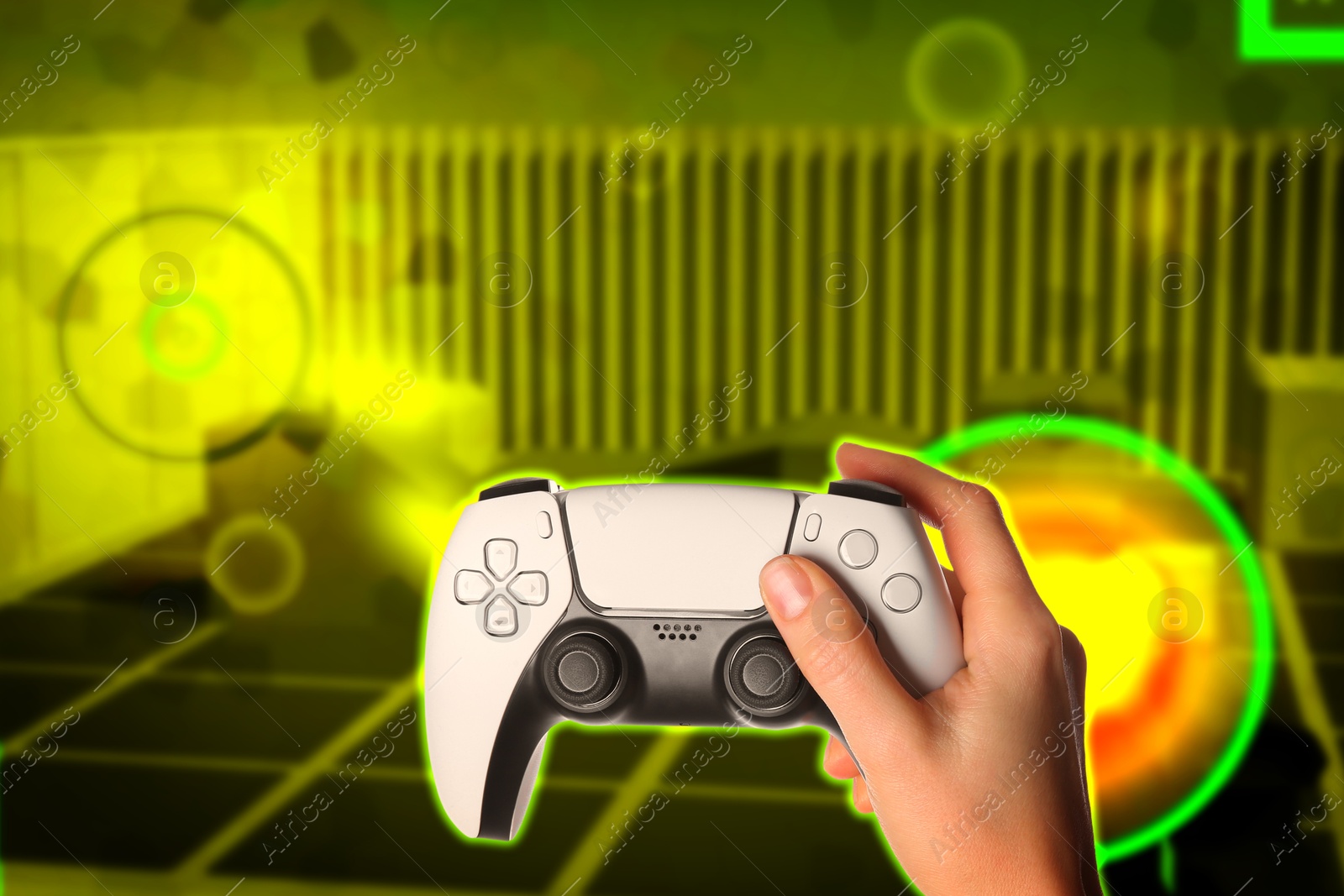 Image of Woman with joystick playing video game, closeup