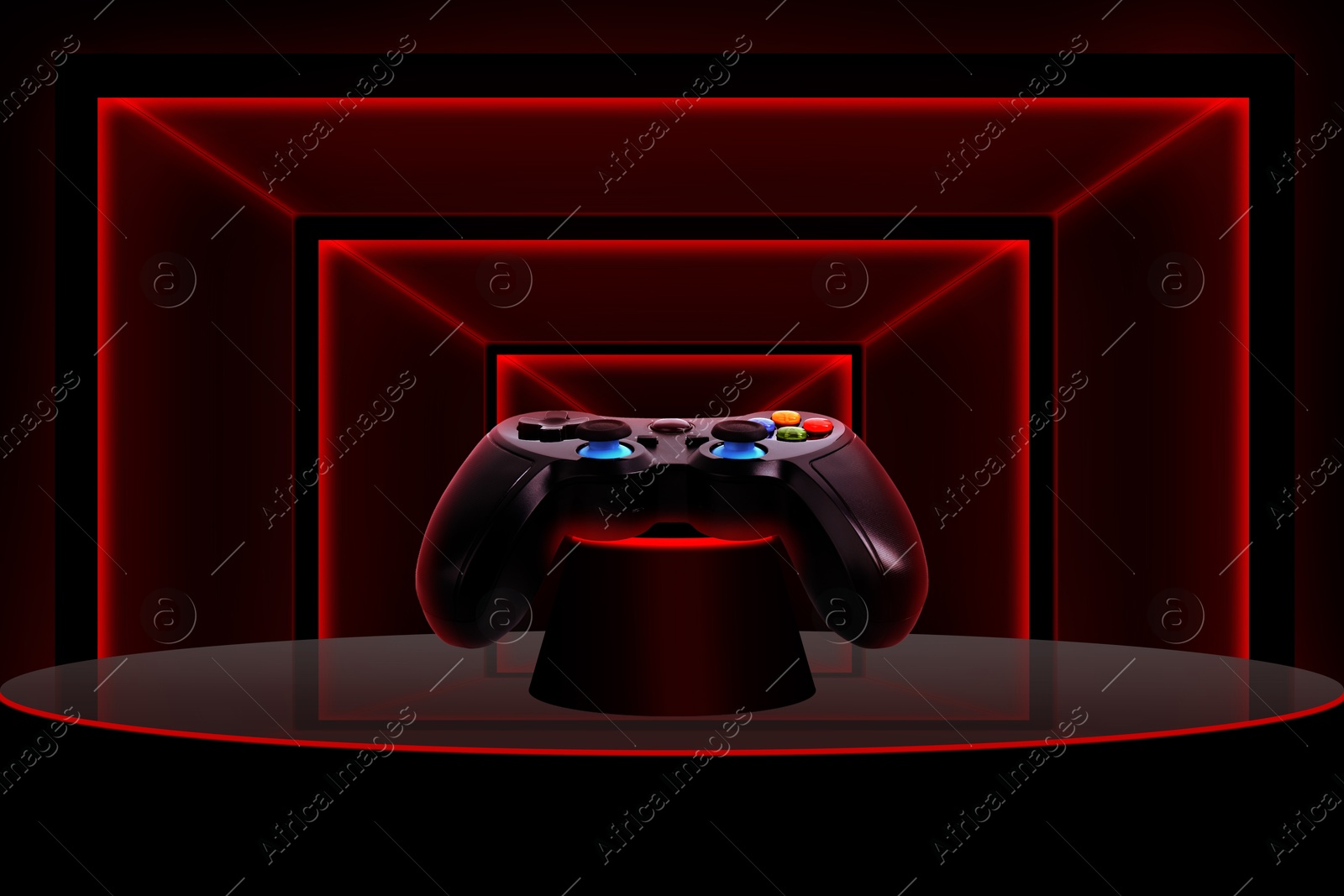 Image of Video game controller on digital podium. Creative poster