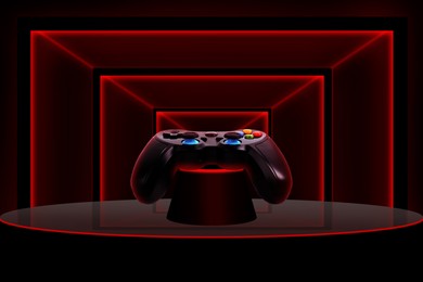 Image of Video game controller on digital podium. Creative poster