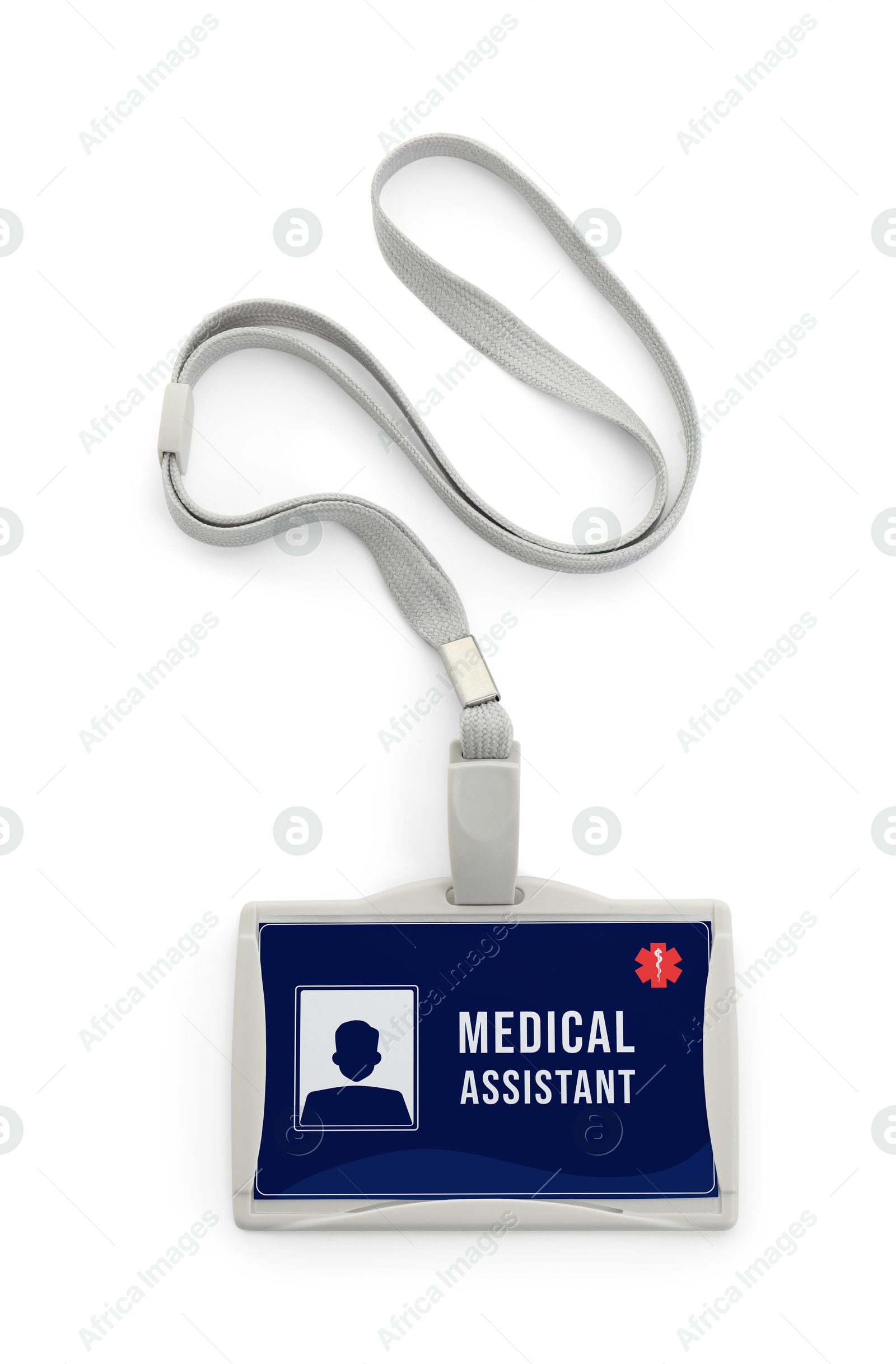 Image of Medical assistant badge with string on white background