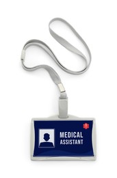 Image of Medical assistant badge with string on white background