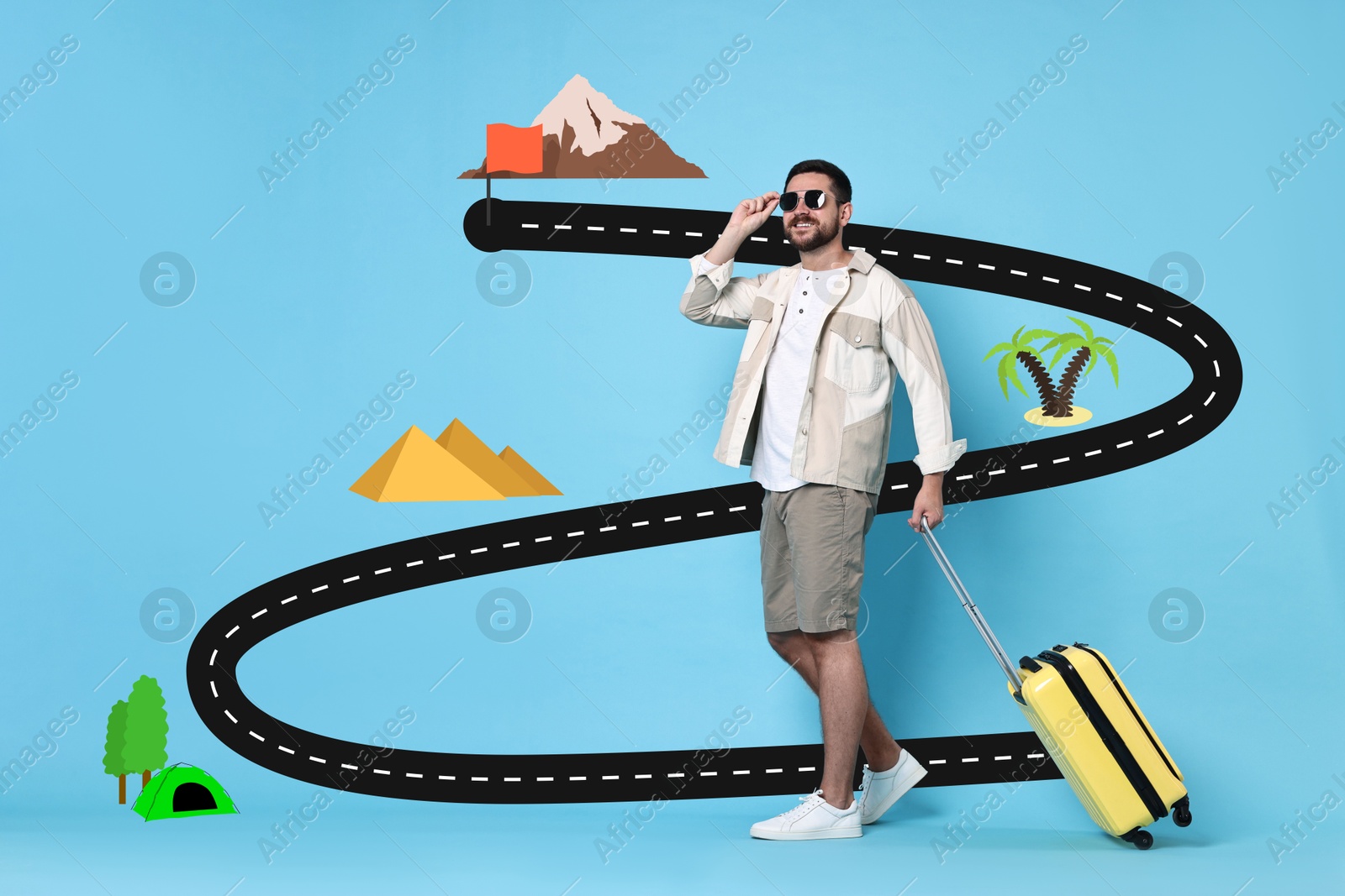 Image of Traveler with suitcase against route of journey on light blue background. Illustrations along line of way