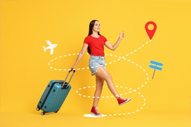 Image of Happy traveler with suitcase walking on orange background. Route of journey with illustrations