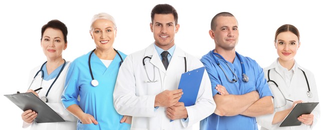 Different healthcare workers in uniforms on white background