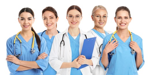 Image of Different healthcare workers in uniforms on white background