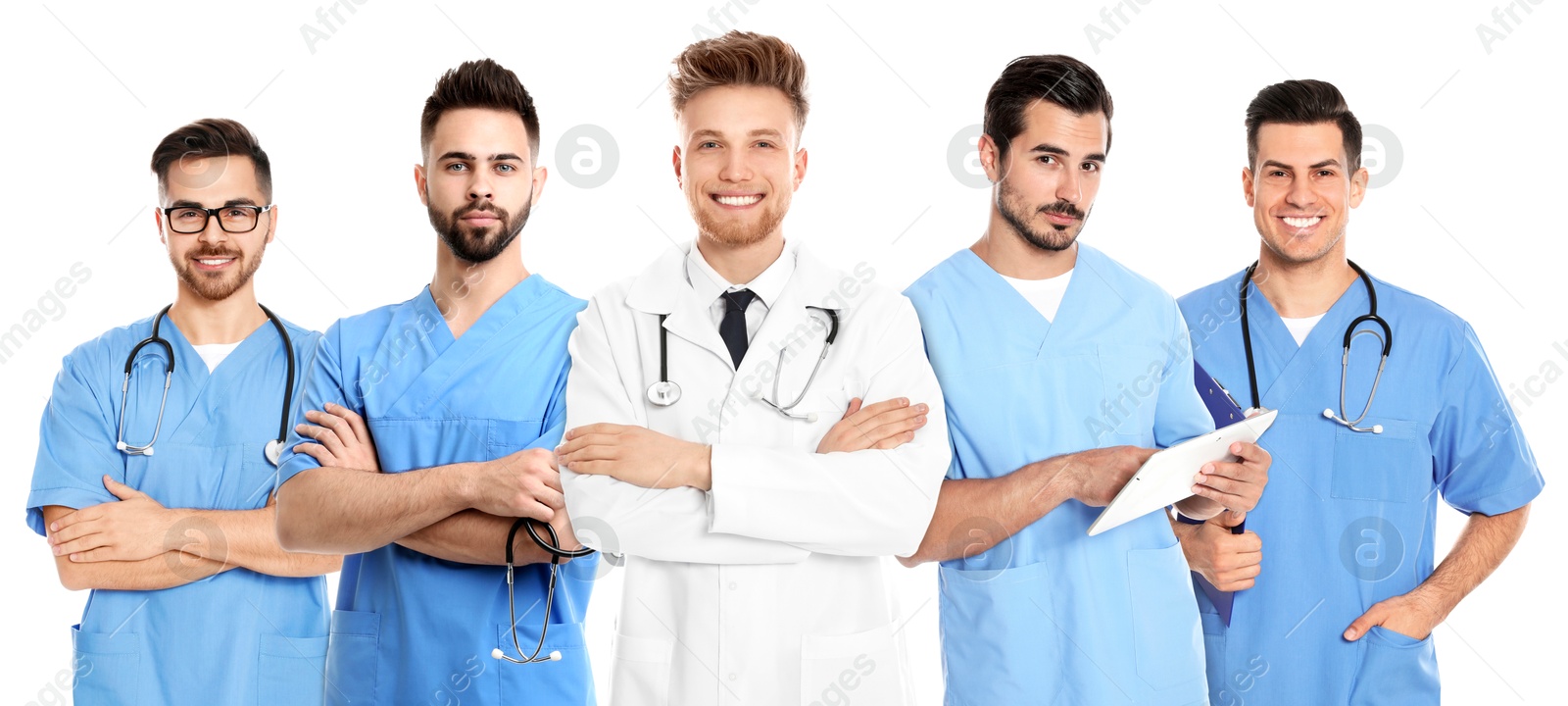 Image of Different healthcare workers in uniforms on white background