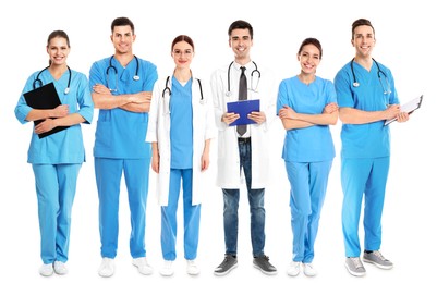 Different healthcare workers in uniforms on white background