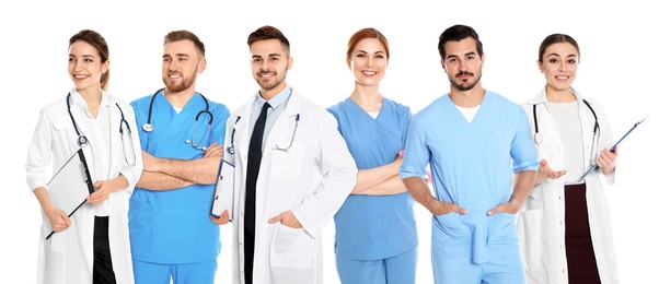 Different healthcare workers in uniforms on white background